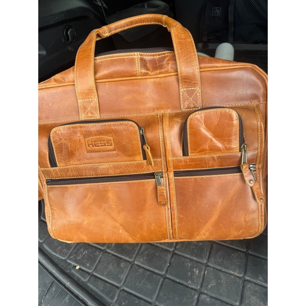 Vintage Hess Mens Tan Brown Leather Briefcase Messenger Bag Multi-Pocket Travel